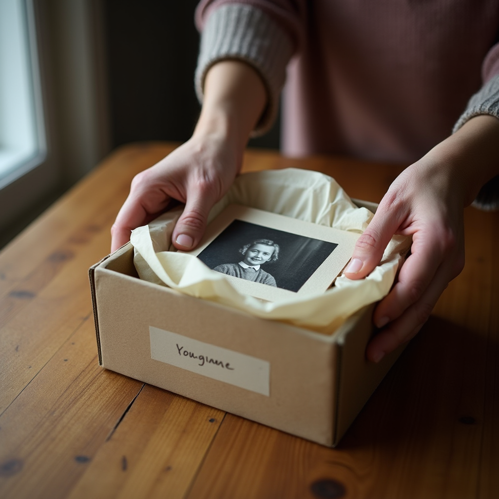 Två händer lägger varsamt ett inslaget familjefoto i en märkt minneslåda.