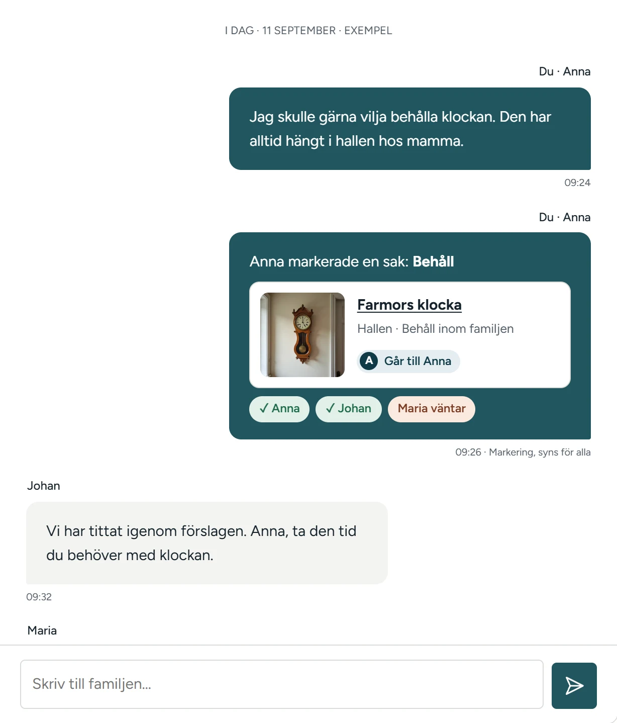Exempelärende i portalen: en påhittad familj diskuterar vem som ska ha farmors klocka