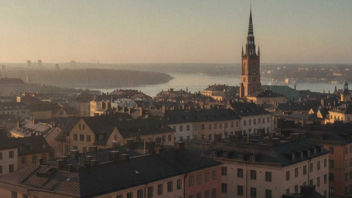 Stockholms takåsar och Riddarholmskyrkan i tidigt morgonljus